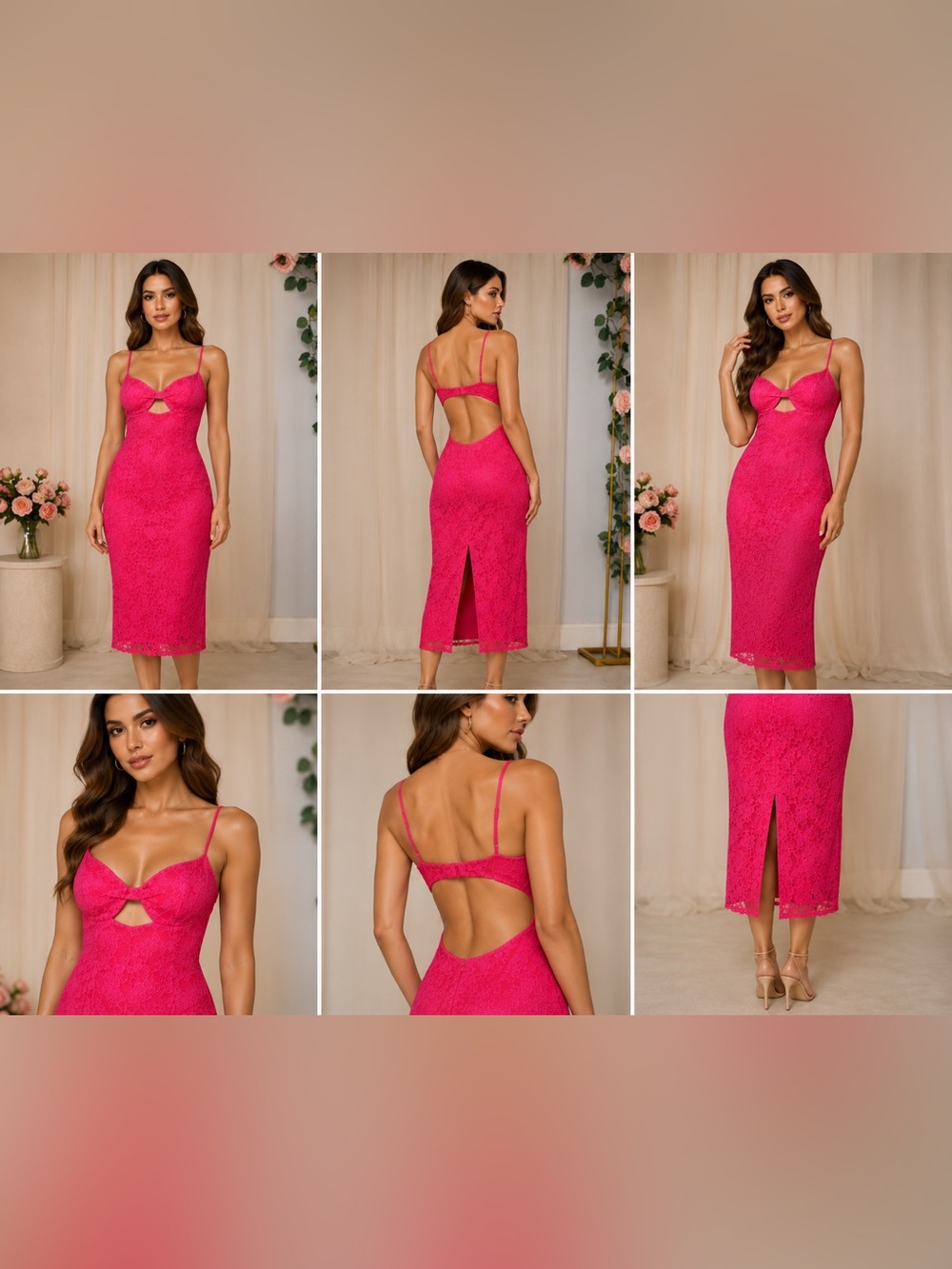 Bardot Hot Pink Lace Cutout Open Back Midi Dress Size Large